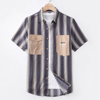 2022 m. Vasaros marškinėliai vyriški dryžuotas Japonijos darbo drabužiai atsitiktinis tendencija patogus trumparankoviai jaunų vyriški marškiniai