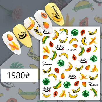 3d nagų dailės lipdukai paspauskite ant pegatinas manikiūro apdailos vasaros vaisių, bananų, citrinų naklejki slankmačiai folija adesivi accesories