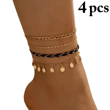 4pcs Bohemijos Aukso Spalvos Grandinės Anklets Nustatyti Moterų, Mergaičių Mados Multi-layer Anklet Kojos Kulkšnies Apyrankę Paplūdimio Papuošalai