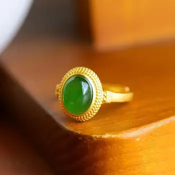 925 Nauji Retro Stiliaus Temperamentas Imitavo Khotan Jade Smaragdas Auksu Etninės Klasikinis Atidarymo Žiedas Moterų Elegancija Papuošalai