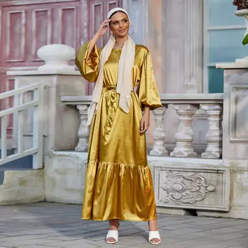 Abaja Dubajaus Mados O-Kaklo Juostinės Moterų Apdaras Arabų Musulmonų Elegantiškas Satino Sluoksniuotos Rankovėmis Šalis Suknelė Femme Islamas Kietas Suknelės