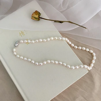 ASHIQI 7-8mm natūralių gėlavandenių perlų moteriški karoliai originali 925 sterlingas sidabro spalvos sagtis, baltųjų ryžių formos perlų papuošalai dovana