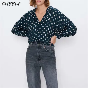 CHBBLF moterų stilingas retro dot palaidinė v formos apykakle žibintų ilgomis rankovėmis vieną breaste moterų mados spausdinti atsitiktinis laisvi marškinėliai C9848