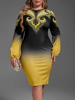 Elegantiška Suknelė Moterims Senovinių Genčių Spausdinti Slim Šalis Suknelės 2022 M. Rudenį Žibintų ilgomis Rankovėmis Midi Suknelė Atsitiktinis Apranga