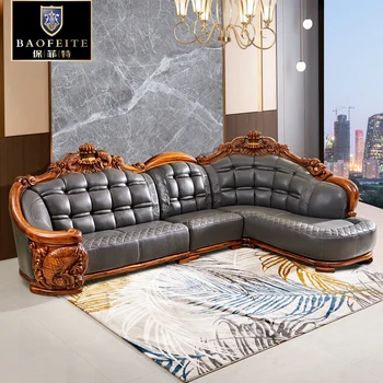 Europos stiliaus prabangūs miegamojo baldai imperial concubine juodojo aukso medžio kampe raižyti odos, L-formos sofa