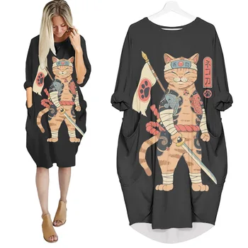 Jumeast Moterų 3D Batwing Kišenėje Suknelė Negabaritinių Moterų Streetwear Japonų Samurajus Katė Puloveris Vasaros Suknelės Sijonas Nightdress