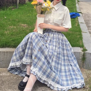 Korėjiečių Stiliaus Kolegija Stiliaus Elastinga Aukštos Juosmens, Palaidi Lieknėjimo Retro Pledas Nėrinių Susiėmę Sijonas Moterų 2020 m. Vasarą lolita Sijonas