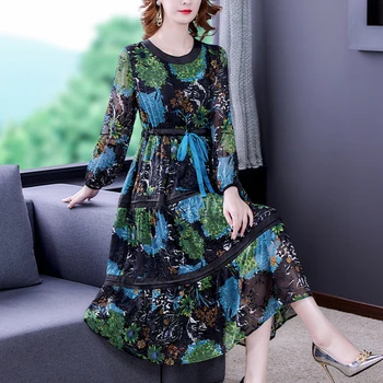 Korėjos Acetatas Suknelė 2022 Laisvas Didelio Dydžio Retro Spausdinimas O-Kaklo Lady Temperamentas Etninės Stiliaus Ilga Suknelė Moterims, Drabužiai