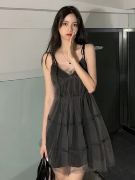 Korėjos Stiliaus Spageti Dirželis Suknelė Moterų Tinklinio Kratinys Nėrinių Mini Suknelės 2022 Naujas Vasaros Aukšto Juosmens Moterų Vestdios