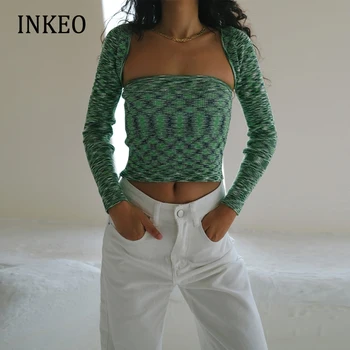 Moterys 2 dalių komplektas Nereguliarus modelio megztinis Seksualus mados 2022 Naujas Plonas Mezgimas apkarpyti viršūnes Pavasario rudens drabužių Ponios INKEO 2T318