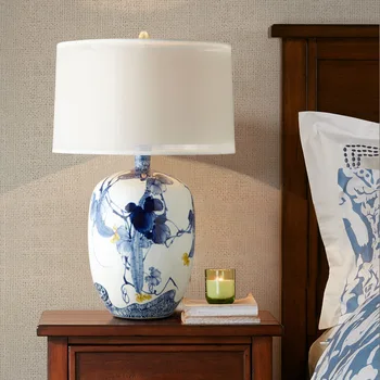 Naujas Kinijos stilius paprastas, miegamojo, naktiniai staleliai, lempa, rankomis dažyti mėlyna ir balta porceliano stalo lempa kambarį apdaila stalo lempa