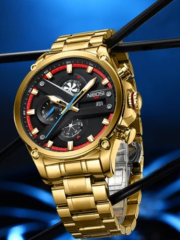 NIBOSI Vyrai Laikrodžiai Kvarcinis Laikrodis Prabangos Prekės ženklo Žiūrėti Nerūdijančio Plieno Aukso Mados Vyrų laikrodis su Chronograph Šviesos Rankas