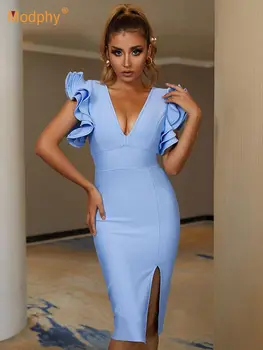 Ponios Mėlyna Tvarstis Suknelė Moterų 2022 m. Vasarą Nauja Seksuali V Rankovių Sluoksniuotos Pynimas Apvalkalą Klubo Šalis Suknelės Vestidos