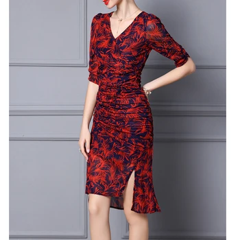Qian Han Zi Dizainerio Mados Vasaros Suknelė V-kaklo derliaus spausdinti Elastingumą raišteliu aukštos ritininės Apvalkalas suknelė