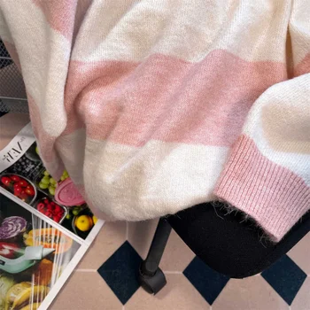 Rožinis megztinis moteris, saldus, mielas dryžuotas megztinis (puloveris) iki 2022 m. rudens žiemos naujas laisvi megztiniai moteris