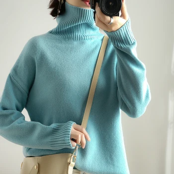 Rudenį ir žiemą naujas aukštos kaklo vilnos megztinis megztinis moterų megzti prarasti ilgomis rankovėmis megztinis 2022 naujas šiltas top moterims