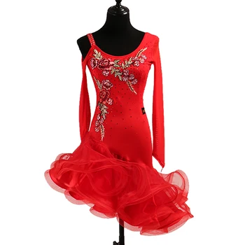 Seksuali suknelė lotynų šokių drabužiai moterims lotynų šokių Siuvinėjimo ilgomis rankovėmis suknelė mergaitėms lotynų šokių suknelė Cha-cha šokių suknelė