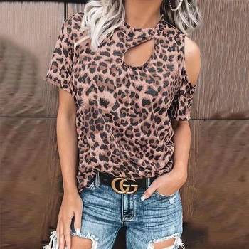 Sexy Moteris Vasaros Marškinėliai Tuščiaviduriai Iš Dizaino, O-Kaklo Trumpomis Rankovėmis Elegantiška Panele Slim Mados Atsitiktinis Viršų Leopardas Spausdinti Tuščiaviduriai Naujas