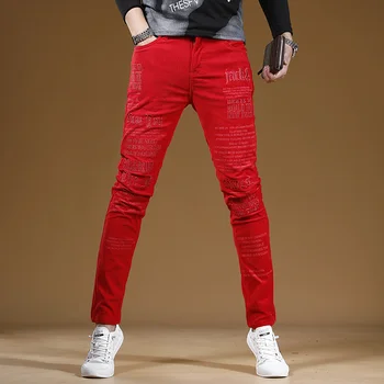 Velvetas Kelnės Raudonos Vyrų Rudens Mados Laišką Siuvinėjimo Korėjos Stiliaus Atsitiktinis Medvilnės Slim Fit, Tiesios Kelnės