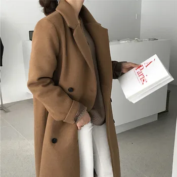 Vilnos Mišinys Žiemos Tvido Paltai Moterims, Elegantiškas Dvigubo Breasted Ilgas Vilnonis Outwear Šilti Paltai Moterų Korėjos Streetwear Outercoat