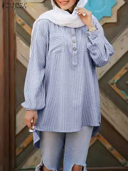ZANZEA Elegantiškas Priežastinis Atostogų Viršūnes Dryžuotas Spausdinti Musulmonų Palaidinė Visą Rankovės O-Kaklo Turkija Abaja Hijab Blusas Laisvi Marškinėliai Tunika